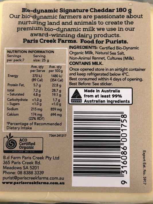 Paris Creek Organic Signature Cheddar Cheese 180g