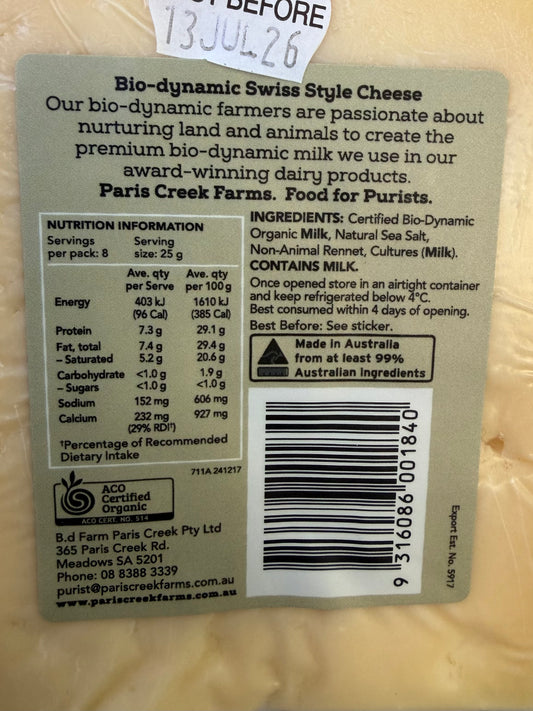Paris Creek Bio-Dynamic Swiss Cheese 200g